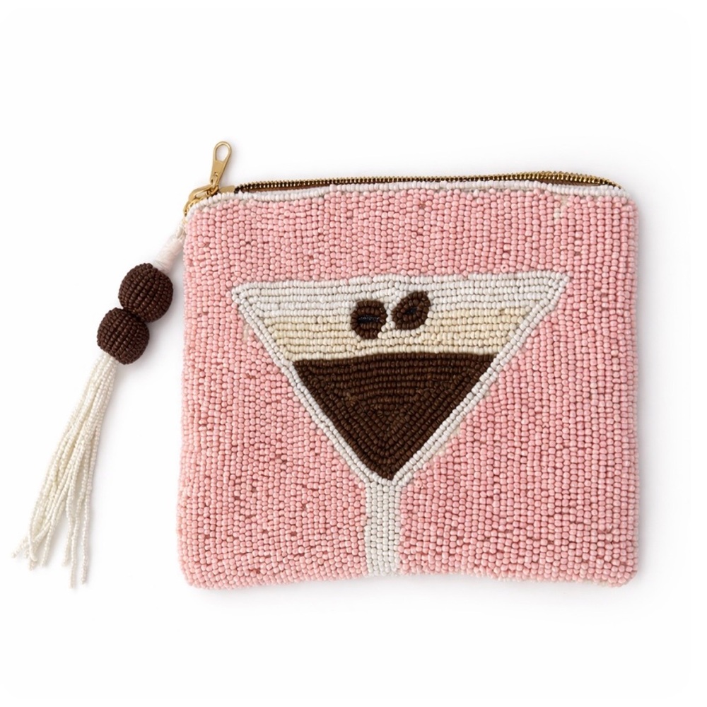 Beaded Martini Zipper Pouch Pink | Espresso Martini Coin Purse Tassel Clutch
